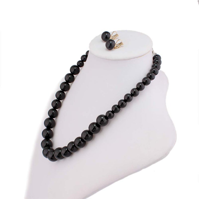 GRACE JUN Bridal Wedding Faux Pearl Statement Necklace and Clip on Earrings Jewelry Sets Women Bib Choker Necklace (Black) - Image 2